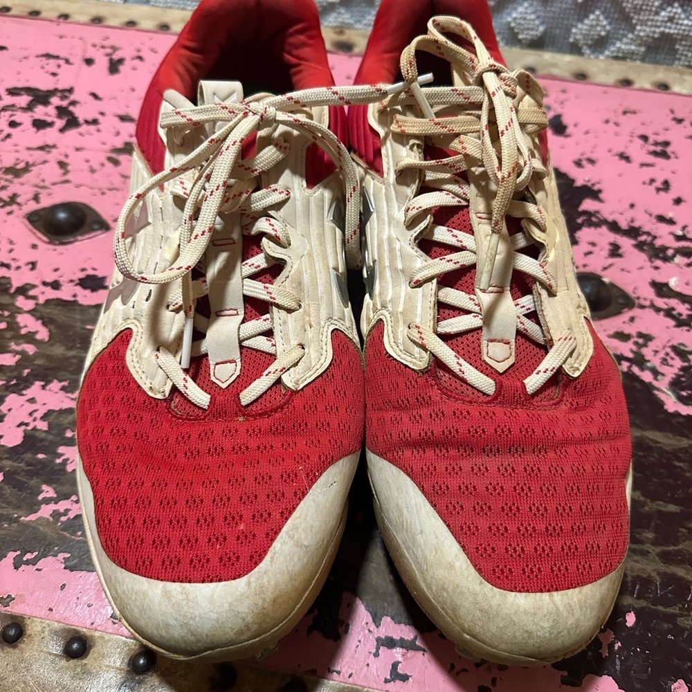 Under Armour Red/White Microtips Metal Men’s Cleats Sz 13 - Picture 2 of 6